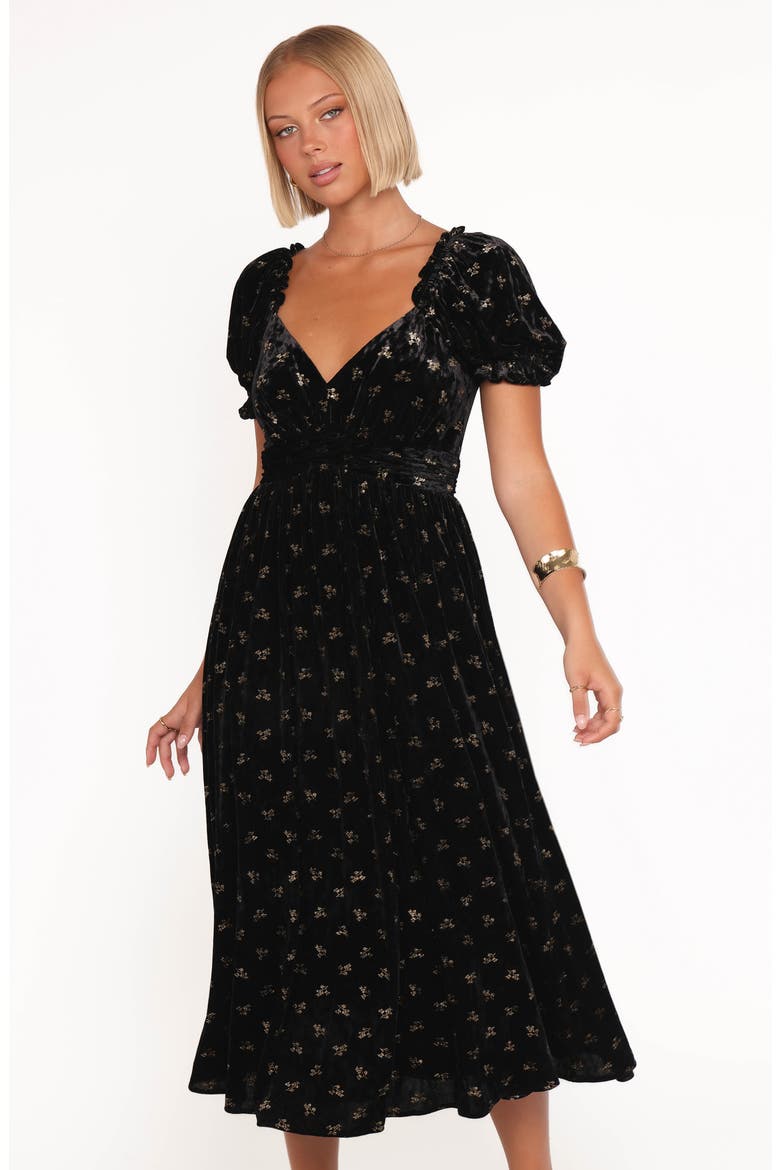 Farryn Floral Velvet Puff Sleeve Midi Dress, Alternate, color, BLACK/ GOLD VELVET