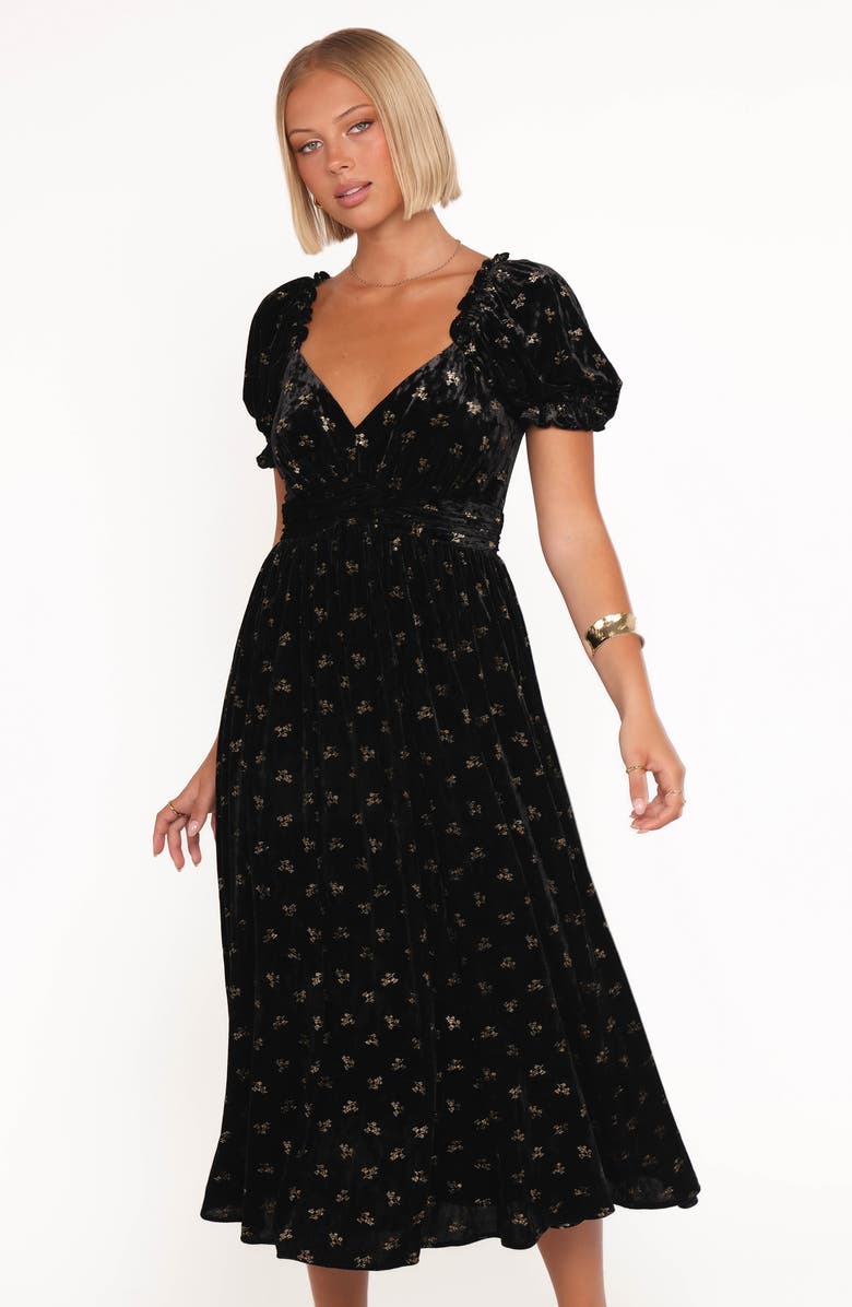 Petal & Pup Farryn Floral Velvet Puff Sleeve Midi Dress, Alternate, color, Black/ Gold Velvet