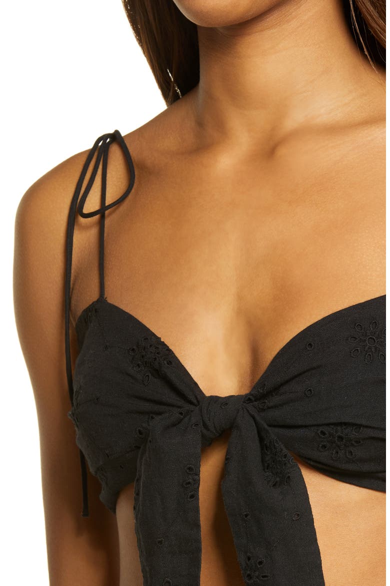 Broderie Anglaise Tie Front Bandeau Top, Alternate, color, BLACK