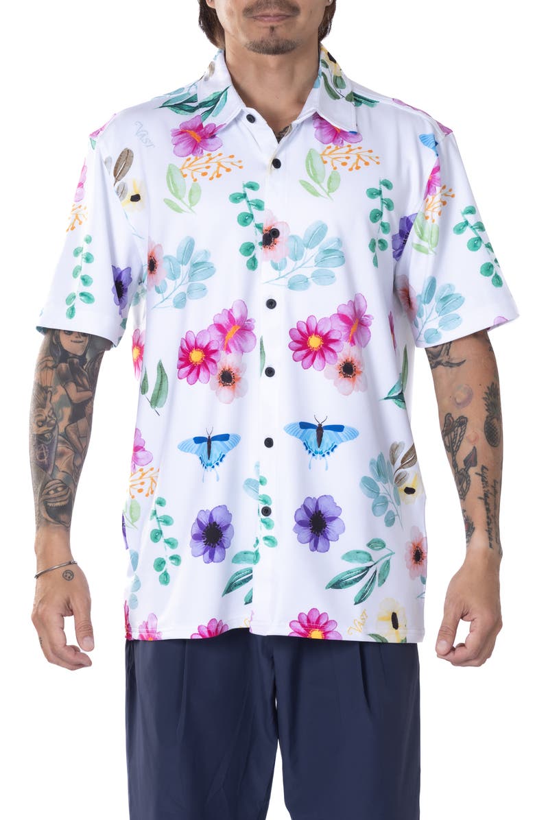 VAST Floral Watercolor Short Sleeve Performance Button-Up Shirt, Main, color, 