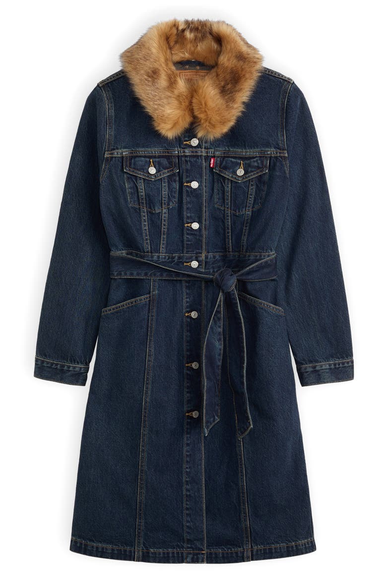 Mob Wife Belted Denim Coat with Removable Faux Fur Collar, Alternate, color, BELLISSIMA