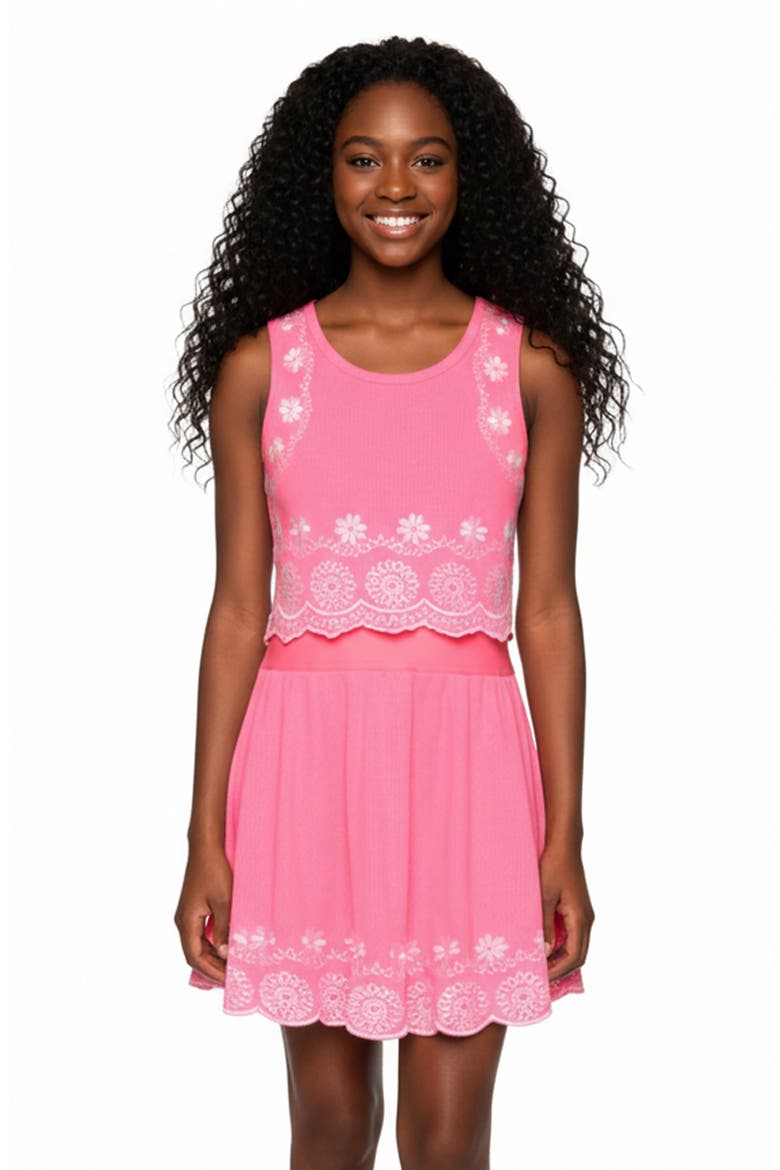 Kids' Embroidered Twofer Dress, Alternate, color, NEON PINK