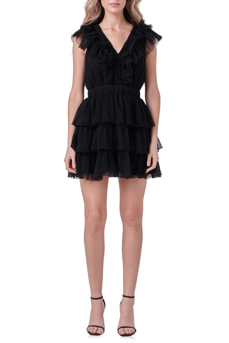 Tiered Ruffle Tulle Minidress, Main, color, BLACK