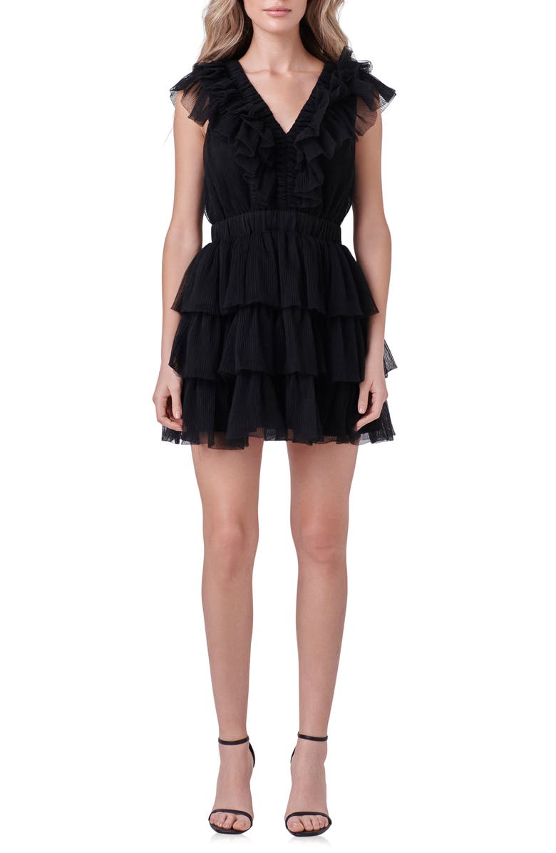 Endless Rose Tiered Ruffle Tulle Minidress, Main, color, Black