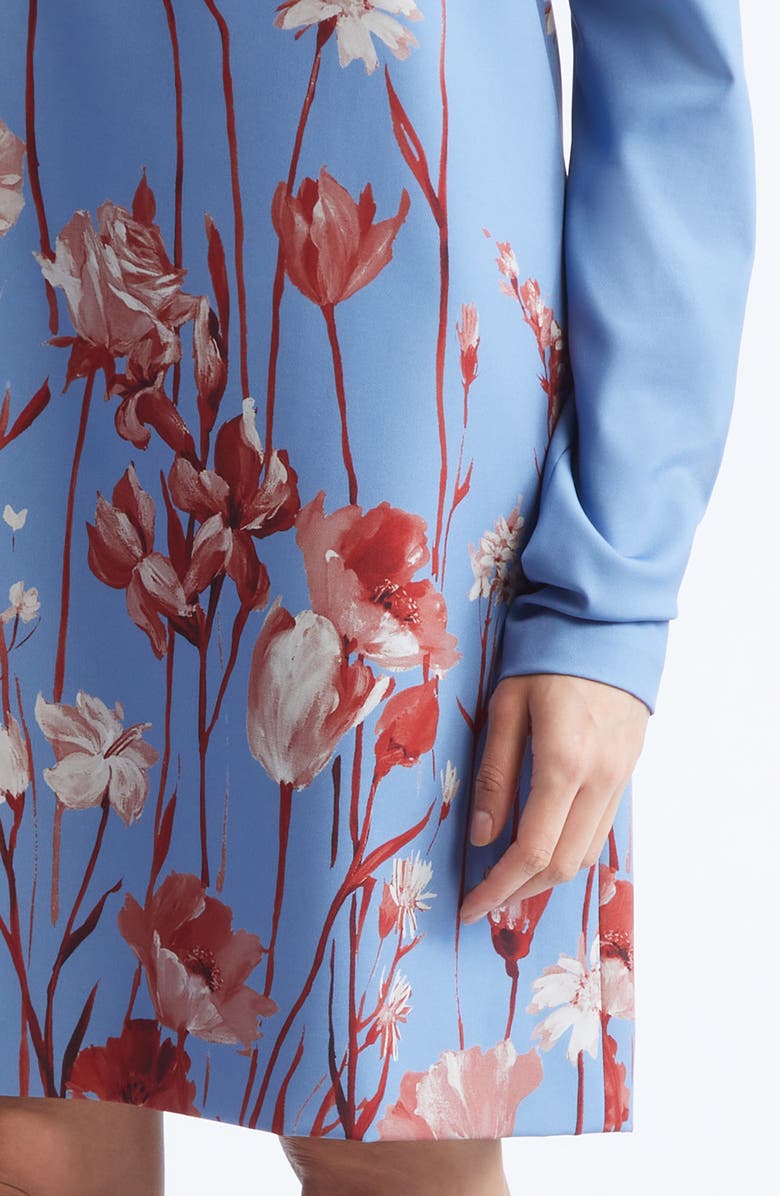 Lela Rose Floral Long Sleeve Stretch Crepe Shift Dress, Alternate, color, Cornflower Multi