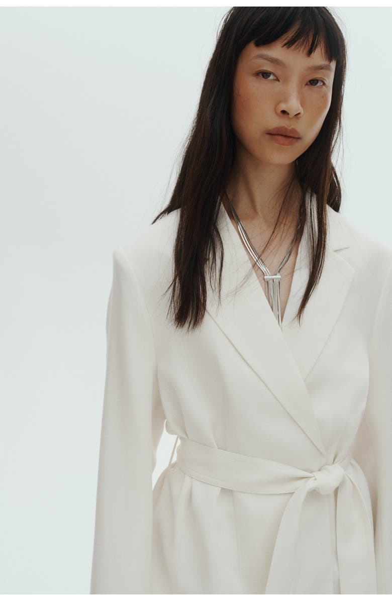 H&M Textured-weave Tie-belt Blazer, Alternate, color, Cream