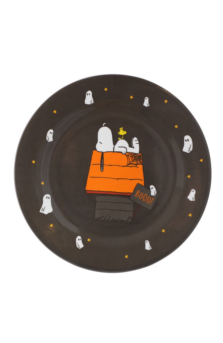 Gibson Snoopy Pumpkin 12 Piece Melamine 10.5 Inch Dinner Plate Set, Alternate, color, Black