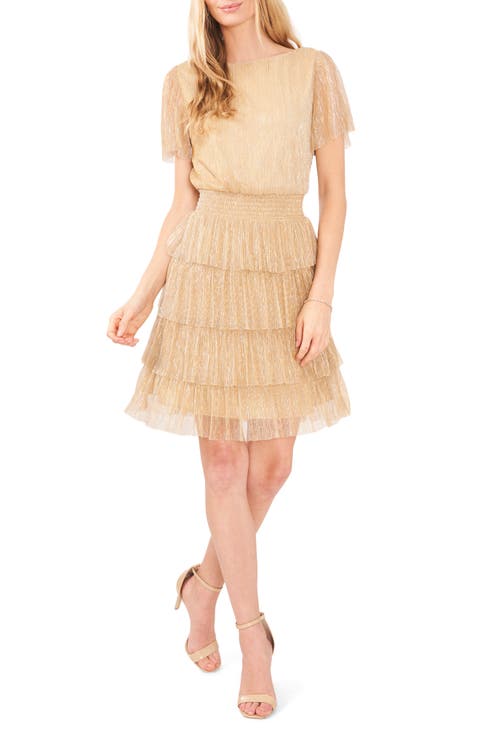 Metallic Crinkle Tiered Cocktail Dress