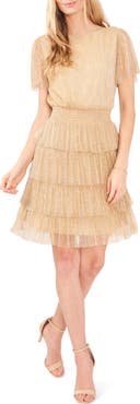 Chaus Metallic Crinkle Tiered Cocktail Dress