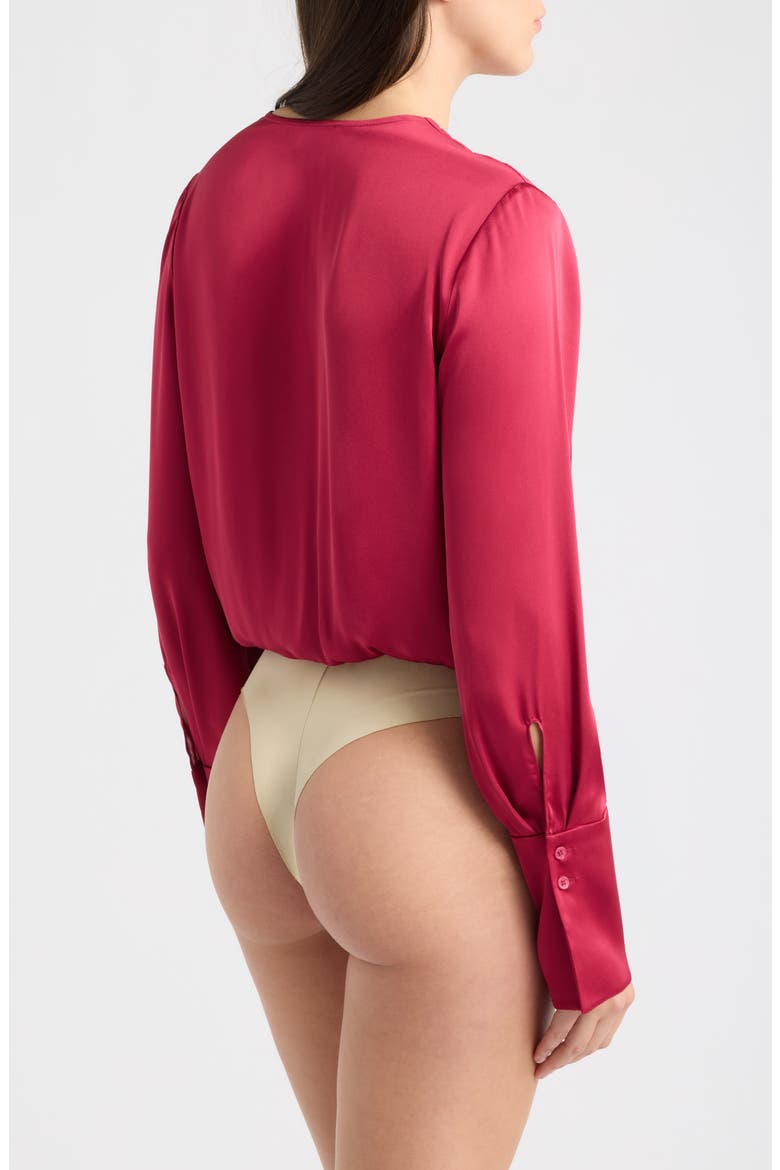 Surplice Long Sleeve Satin Bodysuit, Alternate, color, RASPBERRY