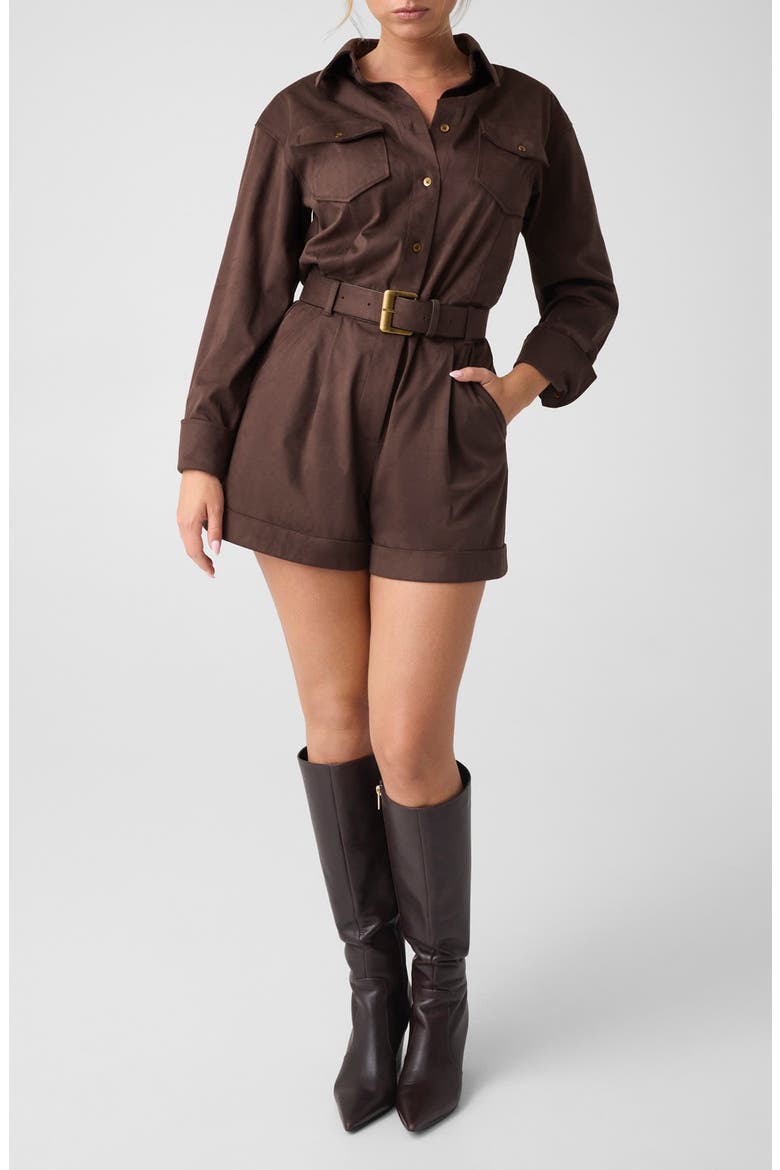 Mia Flap Pocket Long Sleeve Romper, Main, color, DARK BROWN