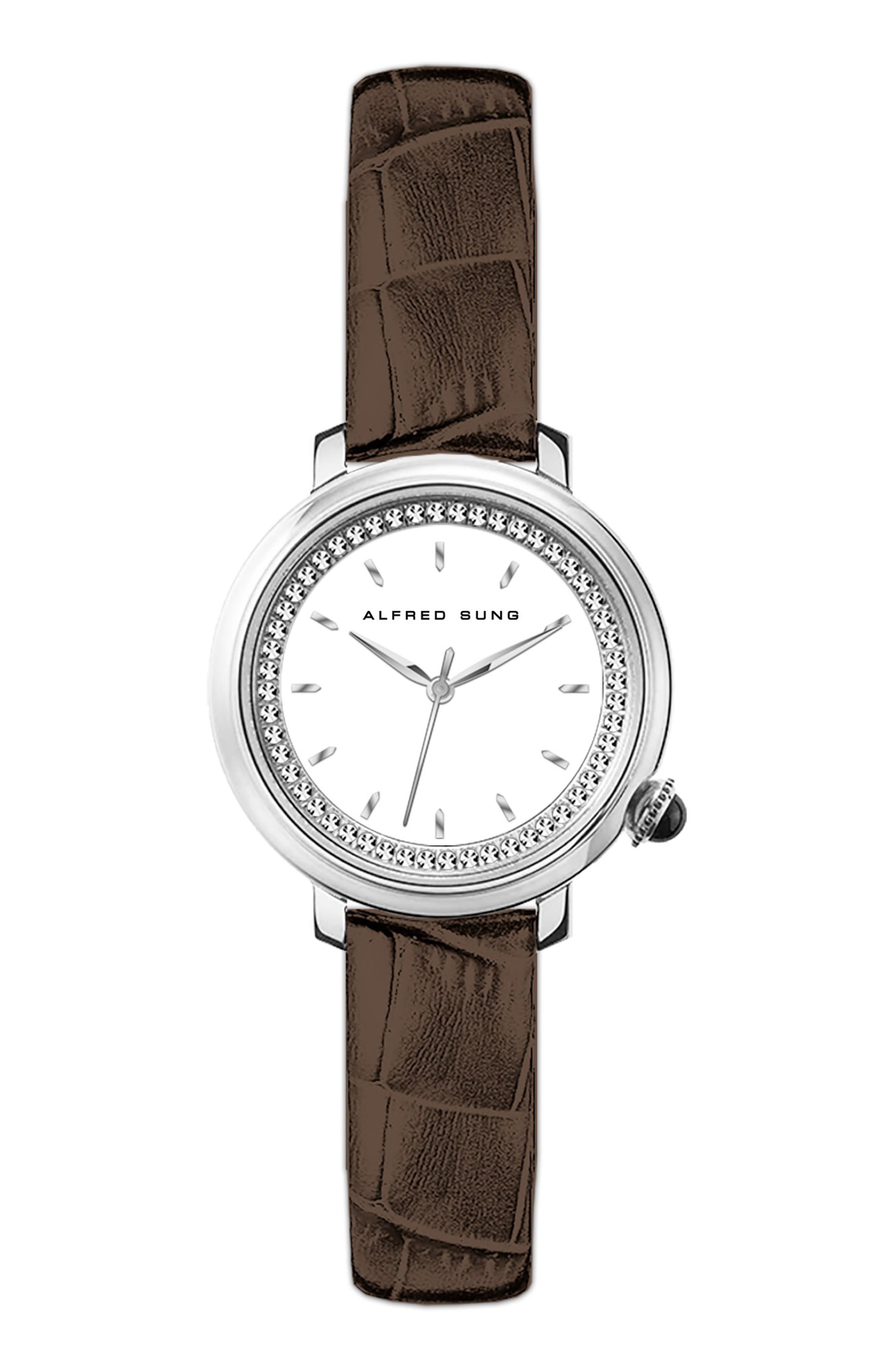 Alfred Sung Three-Hand Quartz Crystal Bezel Leather Strap Watch, 29mm