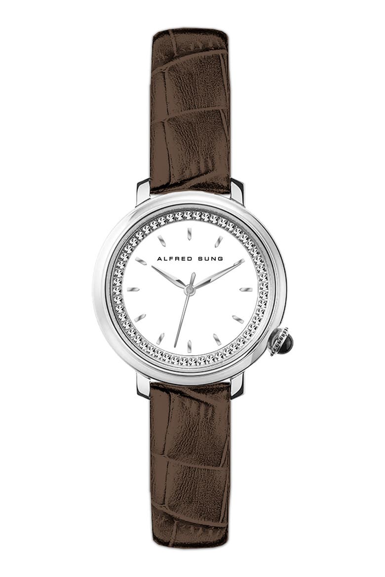 Three-Hand Quartz Crystal Bezel Leather Strap Watch, 29mm, Main, color, WHITE/BROWN