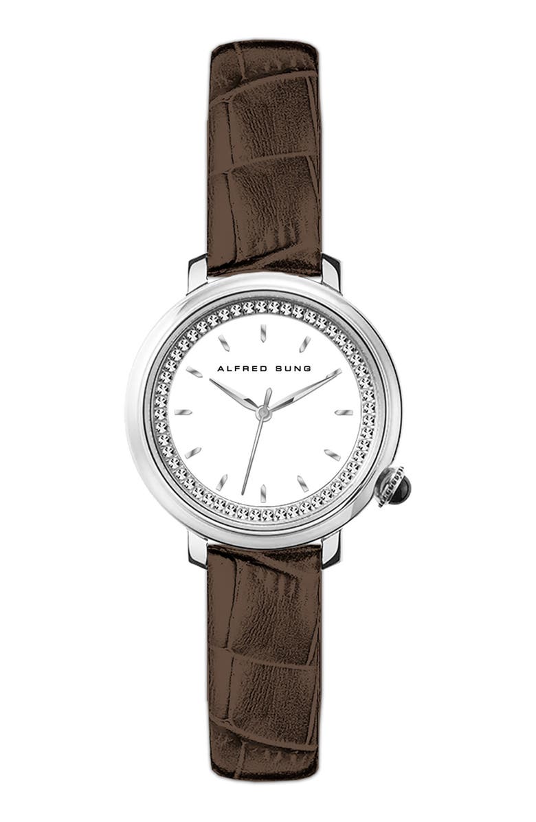 Alfred Sung Three-Hand Quartz Crystal Bezel Leather Strap Watch, 29mm, Main, color, 