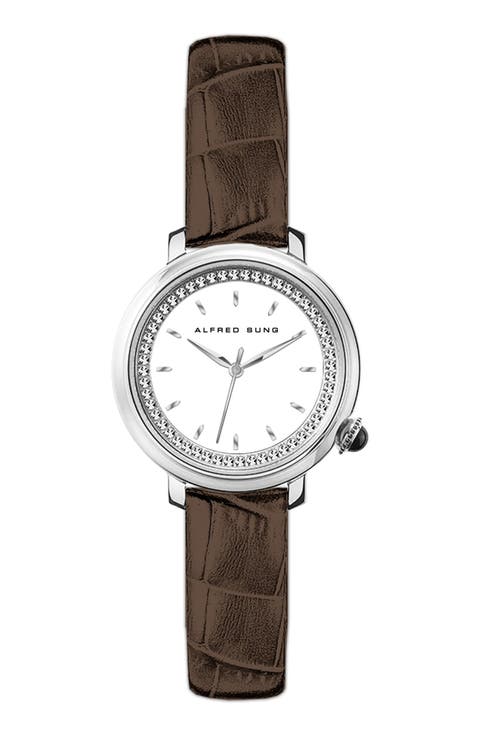 Three-Hand Quartz Crystal Bezel Leather Strap Watch, 29mm