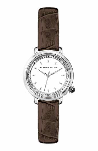 Three-Hand Quartz Crystal Bezel Leather Strap Watch, 29mm