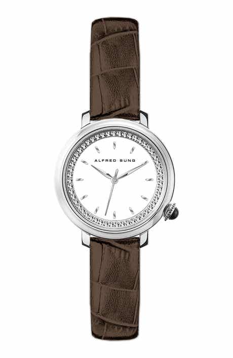 Alfred Sung Three-Hand Quartz Crystal Bezel Leather Strap Watch, 29mm