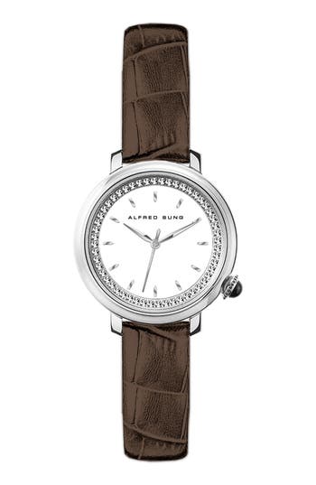 Alfred Sung Three-hand Quartz Crystal Bezel Leather Strap Watch, 29mm In Brown