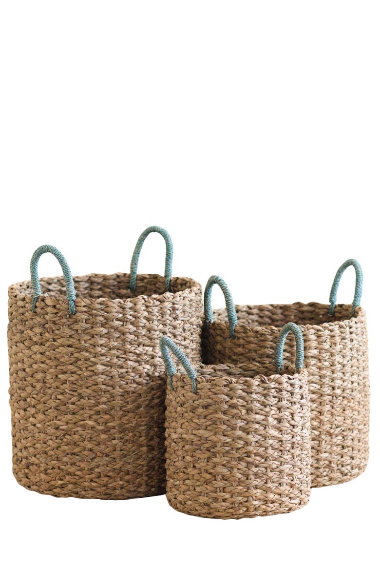 Seagrass Woven Baskets with Sky Blue Handles, Set of 3, Main, color, Natural