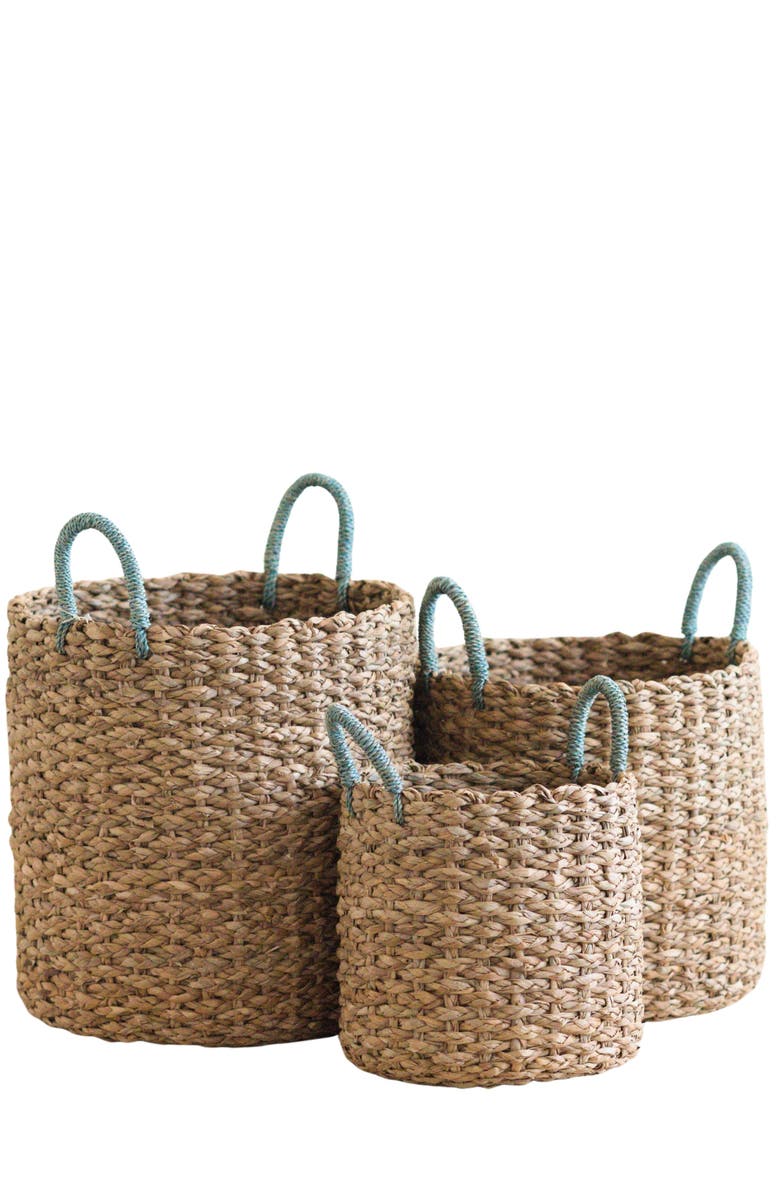 LIKHA Seagrass Woven Baskets with Sky Blue Handles, Set of 3, Main, color, Natural