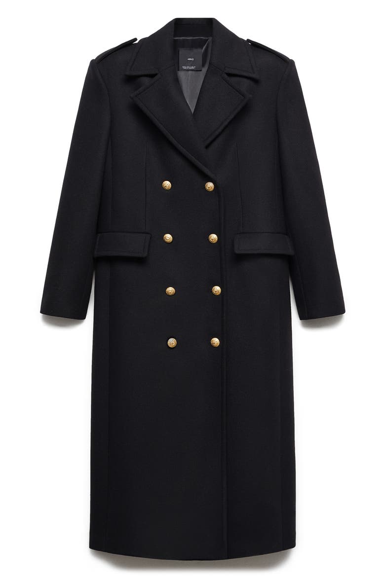 Double Breasted Virgin Wool Blend Long Coat, Alternate, color, BLACK