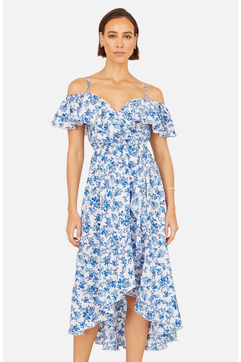 Floral Print Bardot Midi Dress, Alternate, color, Blue