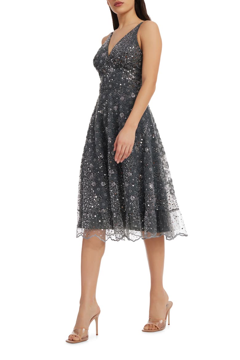 Elisa Sequin Floral Lace Cocktail Midi Dress, Alternate, color, STEEL