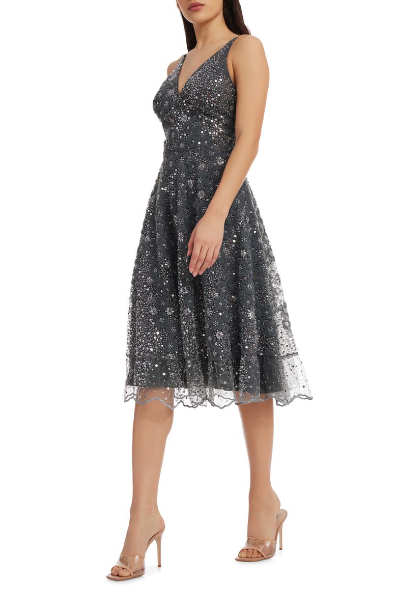 Dress the Population Elisa Sequin Floral Lace Cocktail Midi Dress, Alternate, color, Steel