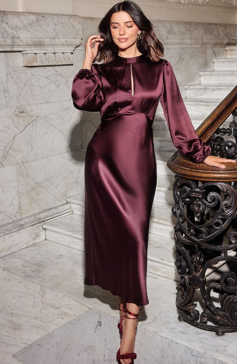 Friends Like These Cutout Long Sleeve Satin Midi Dress, Alternate, color, Brown