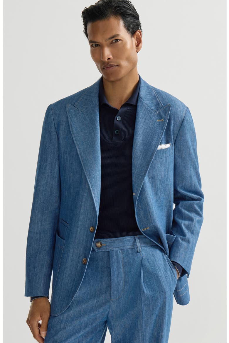 Lightweight denim deconstructed peak-lapel blazer with patch pockets, Alternate, color, Medium Denim