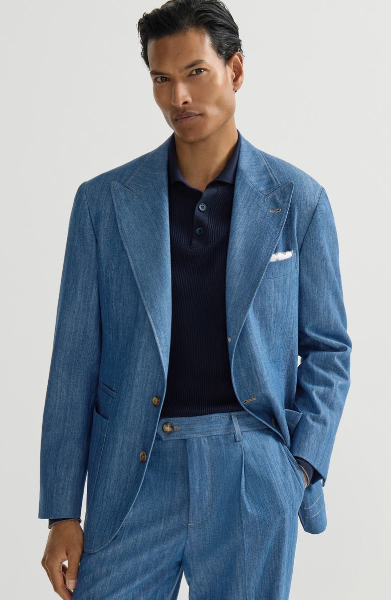 Brunello Cucinelli Lightweight denim deconstructed peak-lapel blazer with patch pockets, Alternate, color, Medium Denim