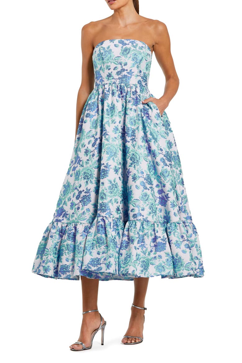 Floral Brocade Strapless A Line Midi Dress, Main, color, Blue Multi