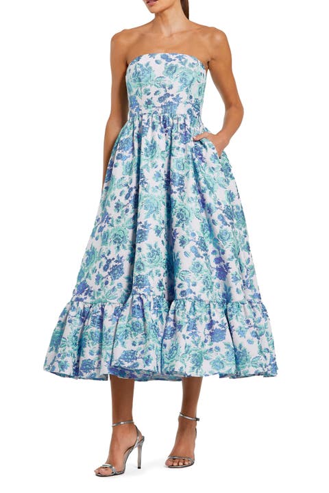 Floral Brocade Strapless A Line Midi Dress