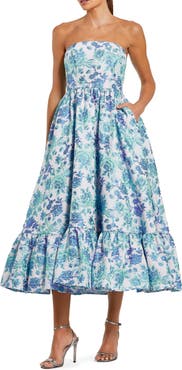Mac Duggal Floral Brocade Strapless A Line Midi Dress