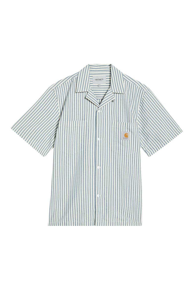 Leavel Stripe Seersucker Cotton Blend Button-Up Bowling Shirt, Alternate, color, LEAVEL STRIPE, BLUE RIVER / WA
