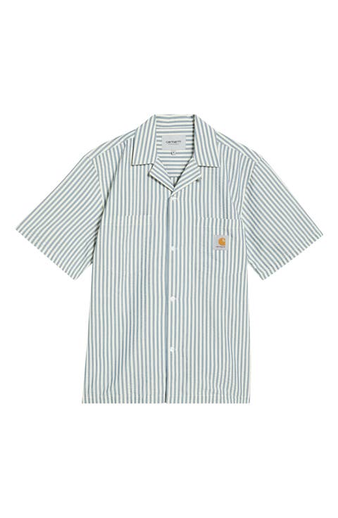 Leavel Stripe Seersucker Cotton Blend Button-Up Bowling Shirt