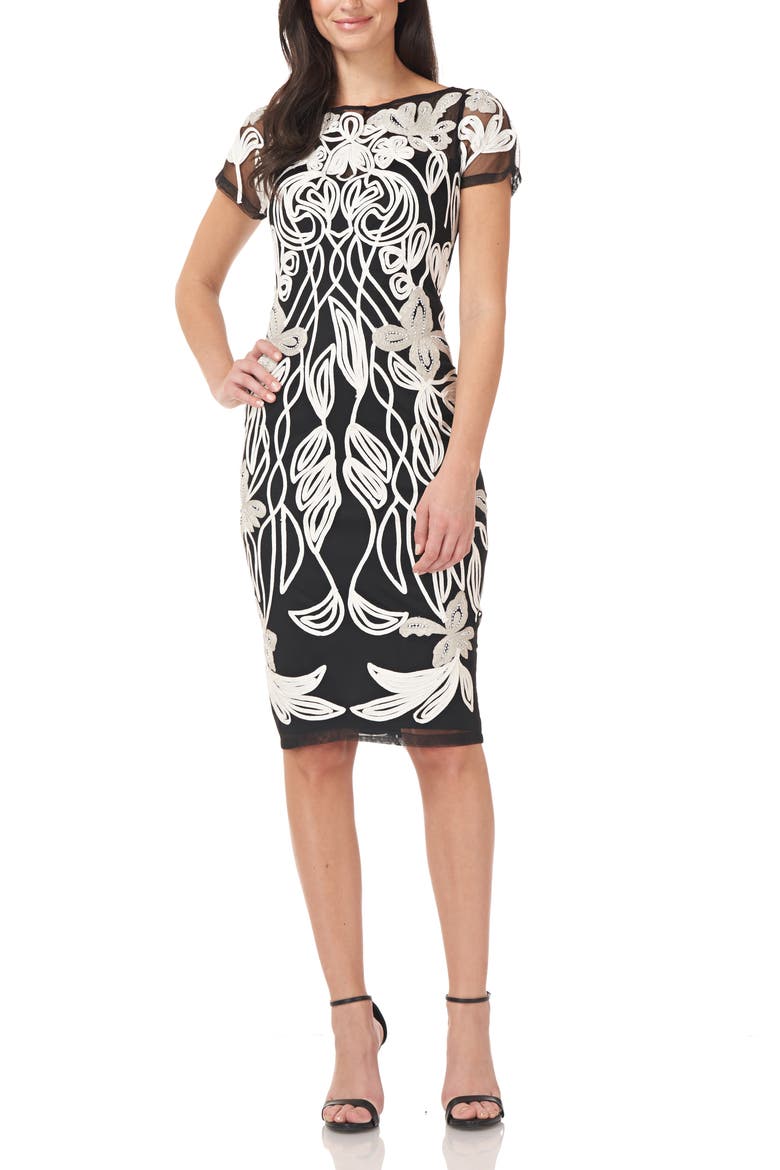 Art Nouveau Soutache Sheath Dress, Main, color, WHITE/ BLACK