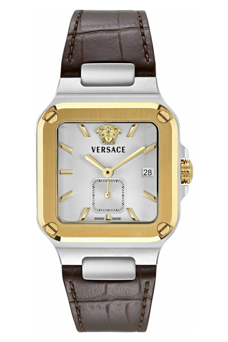 Greca Edge Two-Tone Leather Strap Watch, 38mm x 49mm, Main, color, TWO TONE