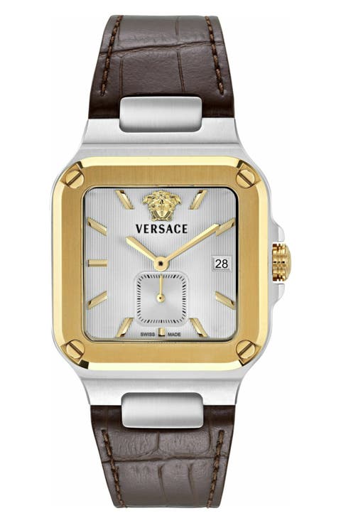 Greca Edge Two-Tone Leather Strap Watch, 38mm x 49mm