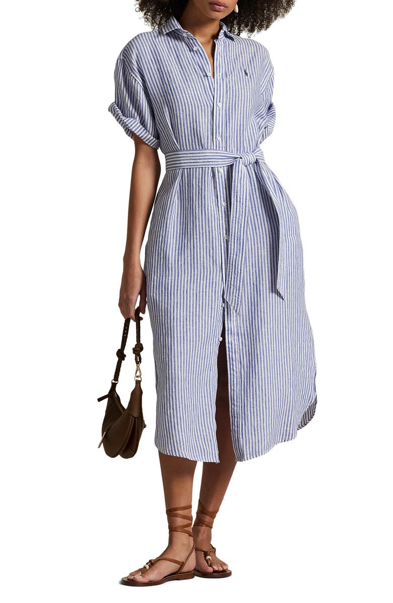 Polo Ralph Lauren Stripe Short Sleeve Linen Shirtdress, Main, color,