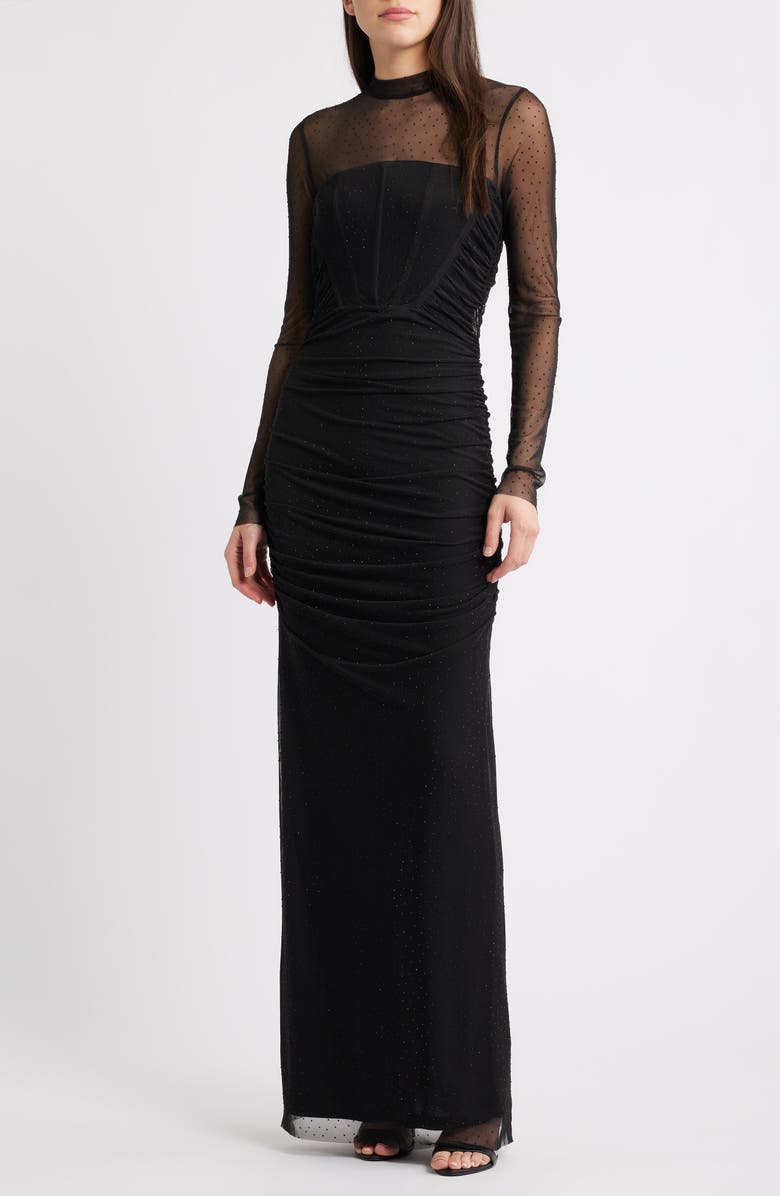 Black Halo Lexington Rhinestone Detail Long Sleeve Mesh Column Gown, Main, color, Star Light