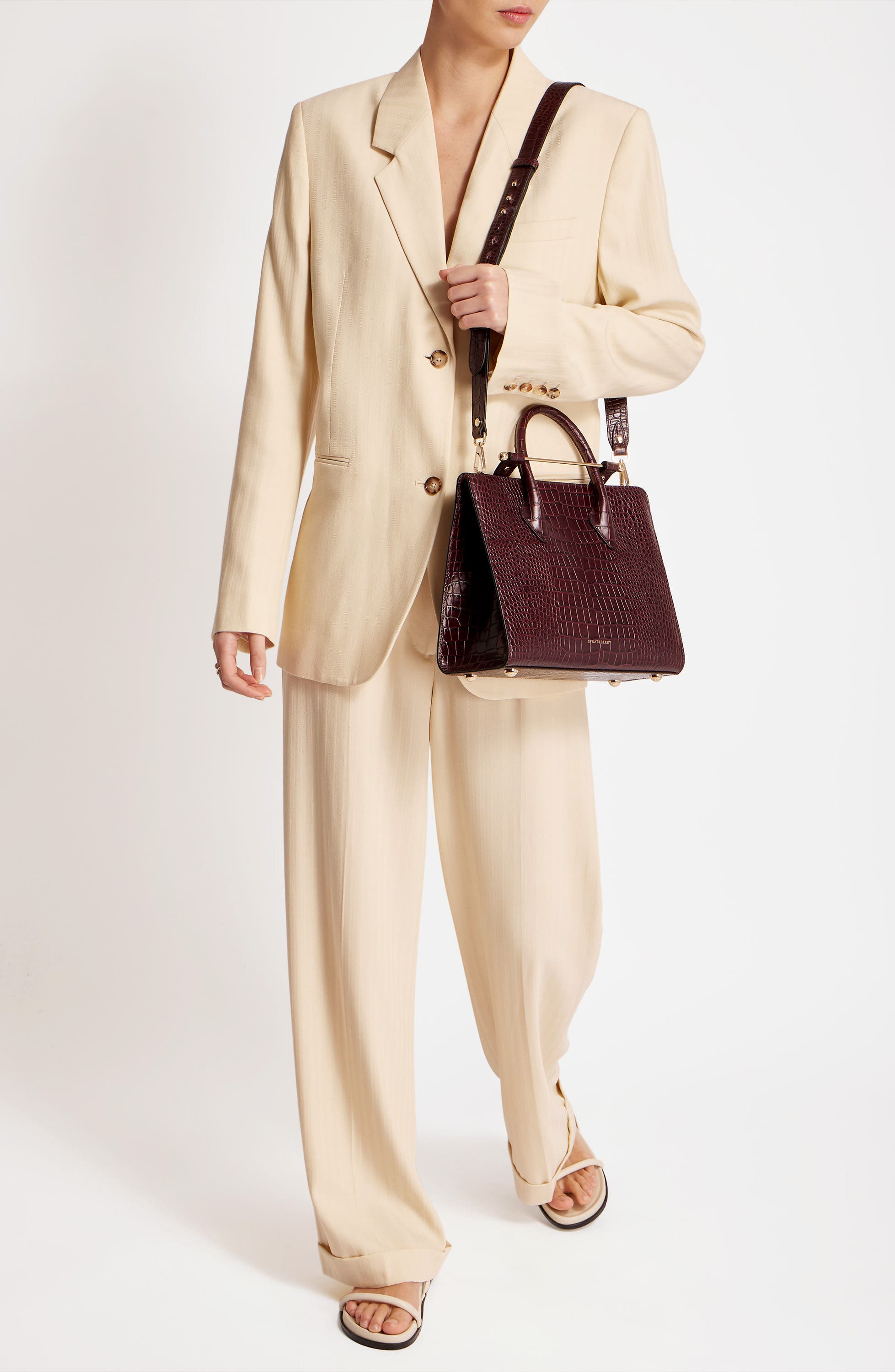 Strathberry Midi Croc Embossed Leather Tote, Alternate, color, Burgundy