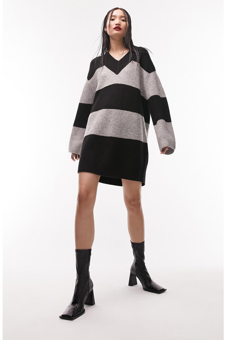 Block Stripe Long Sleeve Sweater Dress, Main, color, DARK BEIGE