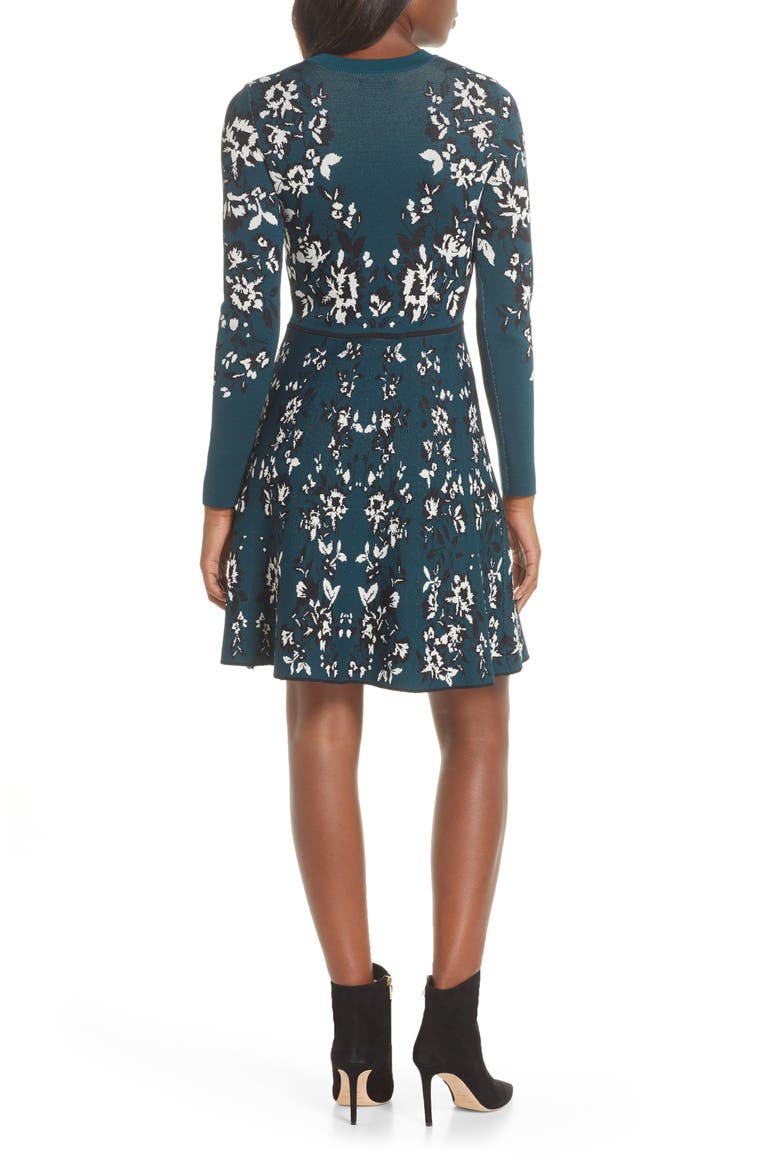 Floral Long Sleeve Fit & Flare Sweater Dress, Alternate, color, GREEN