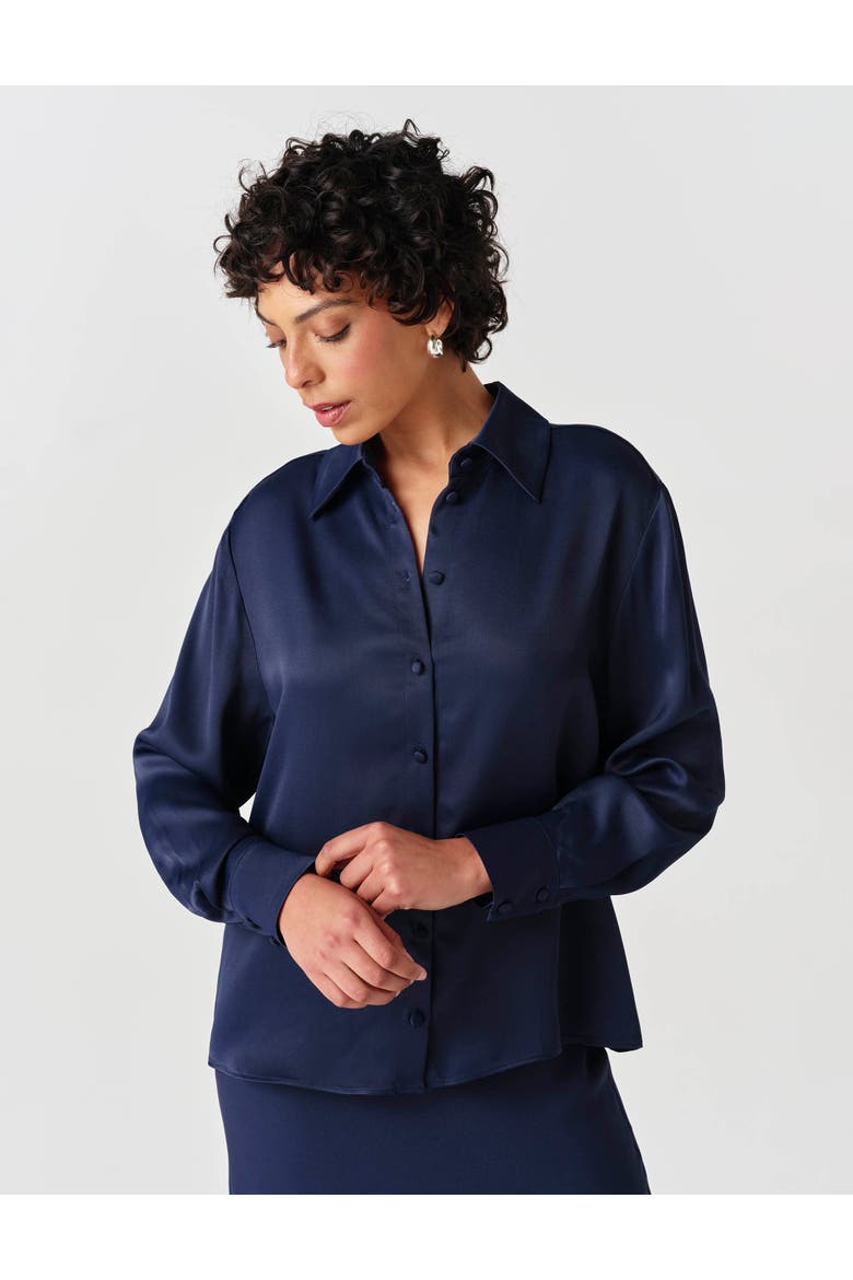 Esther Collared Satin Shirt, Main, color, Navy