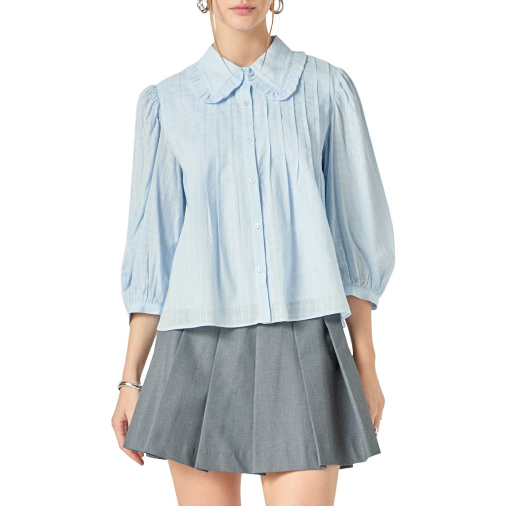 Shop English Factory Ruffle Collar Cotton Blend Button-up Shirt In Powder Blue