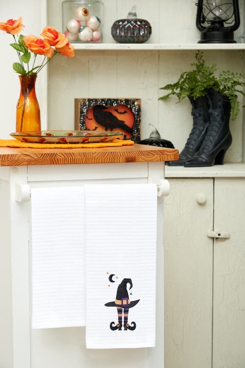 C & F Home C&f Home Witchy Hat With Waning Crescent Moon Halloween Embroidered Cotton Waffle Weave Dishtowel In Black