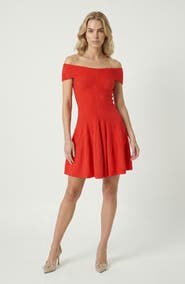 Modenaire Off-Shoulder Pleated A-Line Dress