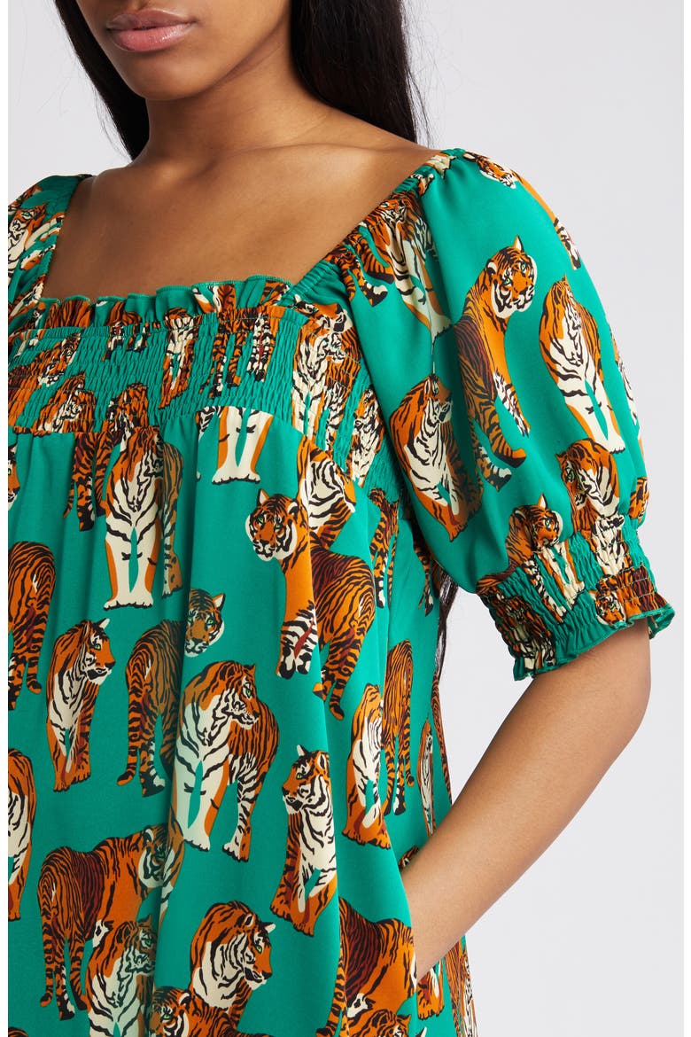 Tiger Print Smocked Maxi Dress, Alternate, color, GREEN TIGER