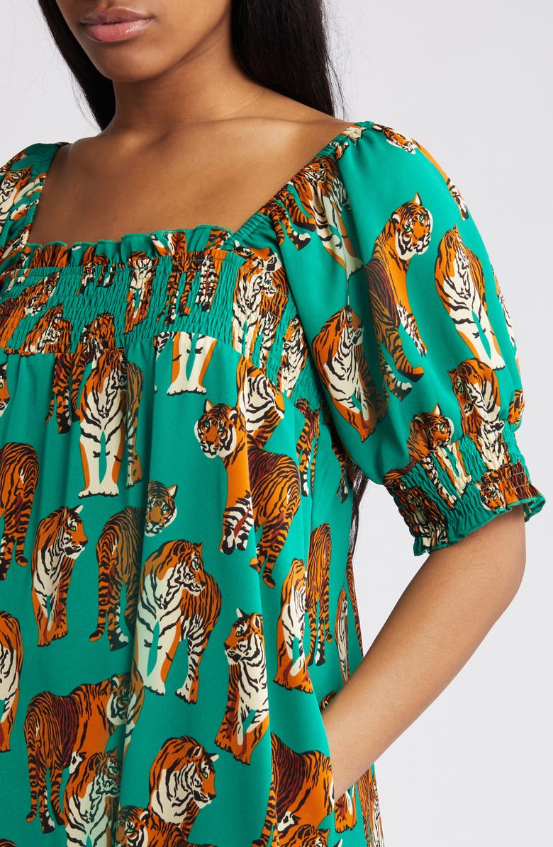 Dressed in Lala Tiger Print Smocked Maxi Dress, Alternate, color, Green Tiger